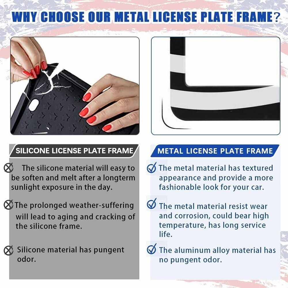 2pcs Black Stainless Steel USA American Nations Flag Car License Plate Frame