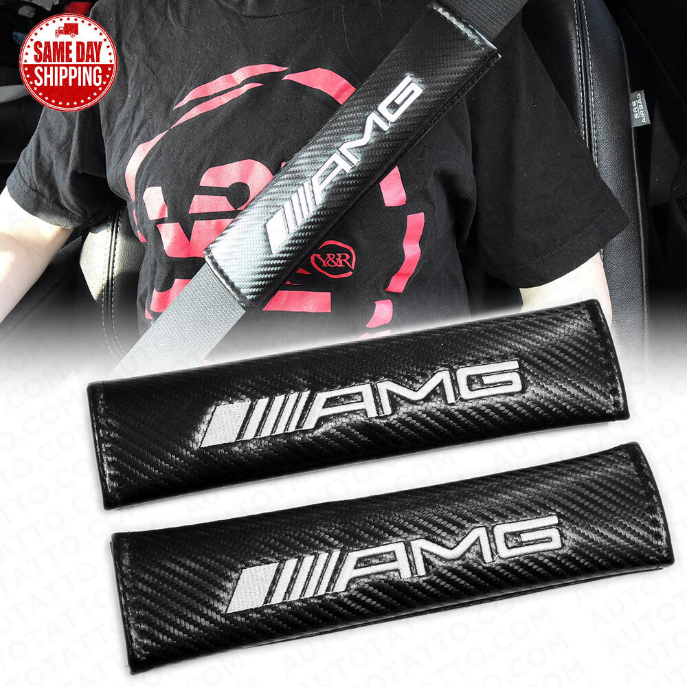 AMG Car Carbon Fiber Seat Belt Cover Safety Shoulder Strap Cushion Pad Harness