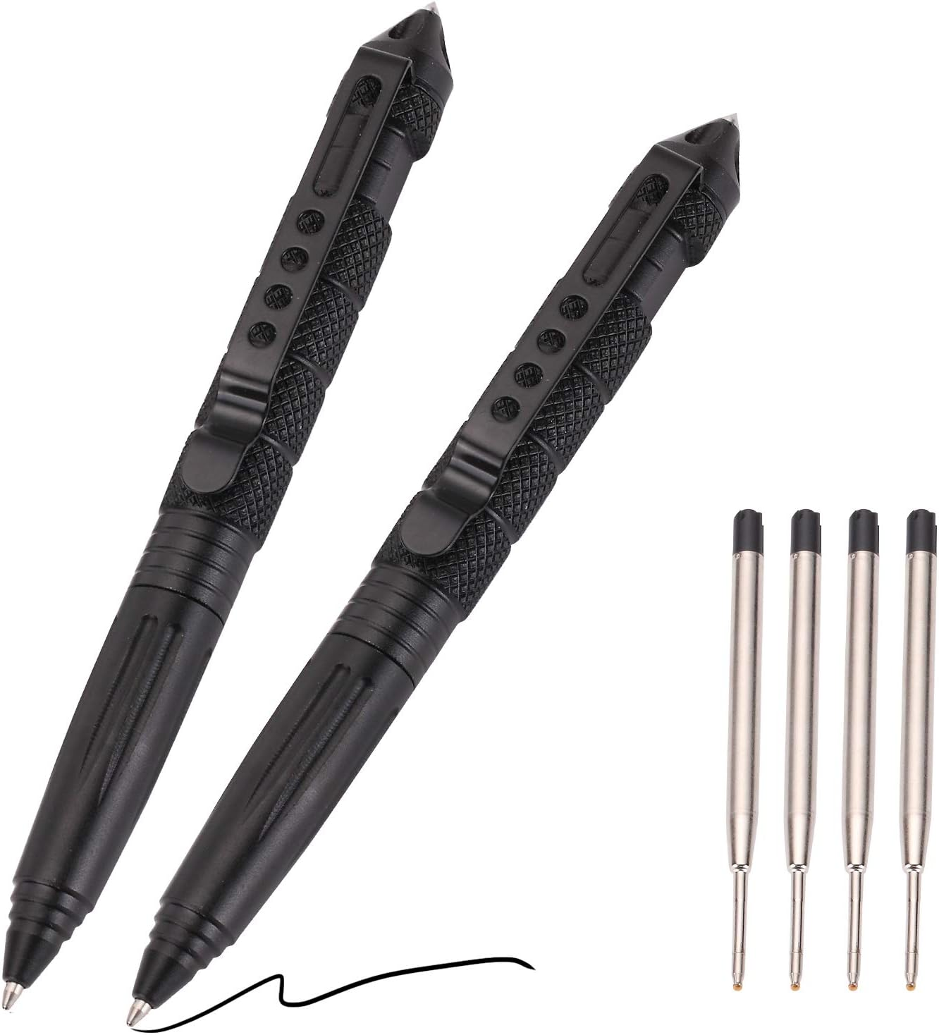 2 Pack Military Tactical Pen Set with 6 Ballpoint Refills Writing,Made Car Accessory - Black