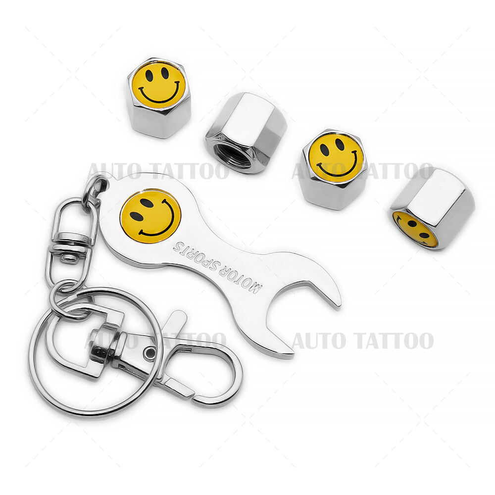 4x Universal Cute Smile Car Tire Wheel Air Stem Dust Valve Caps Cover + Keychain