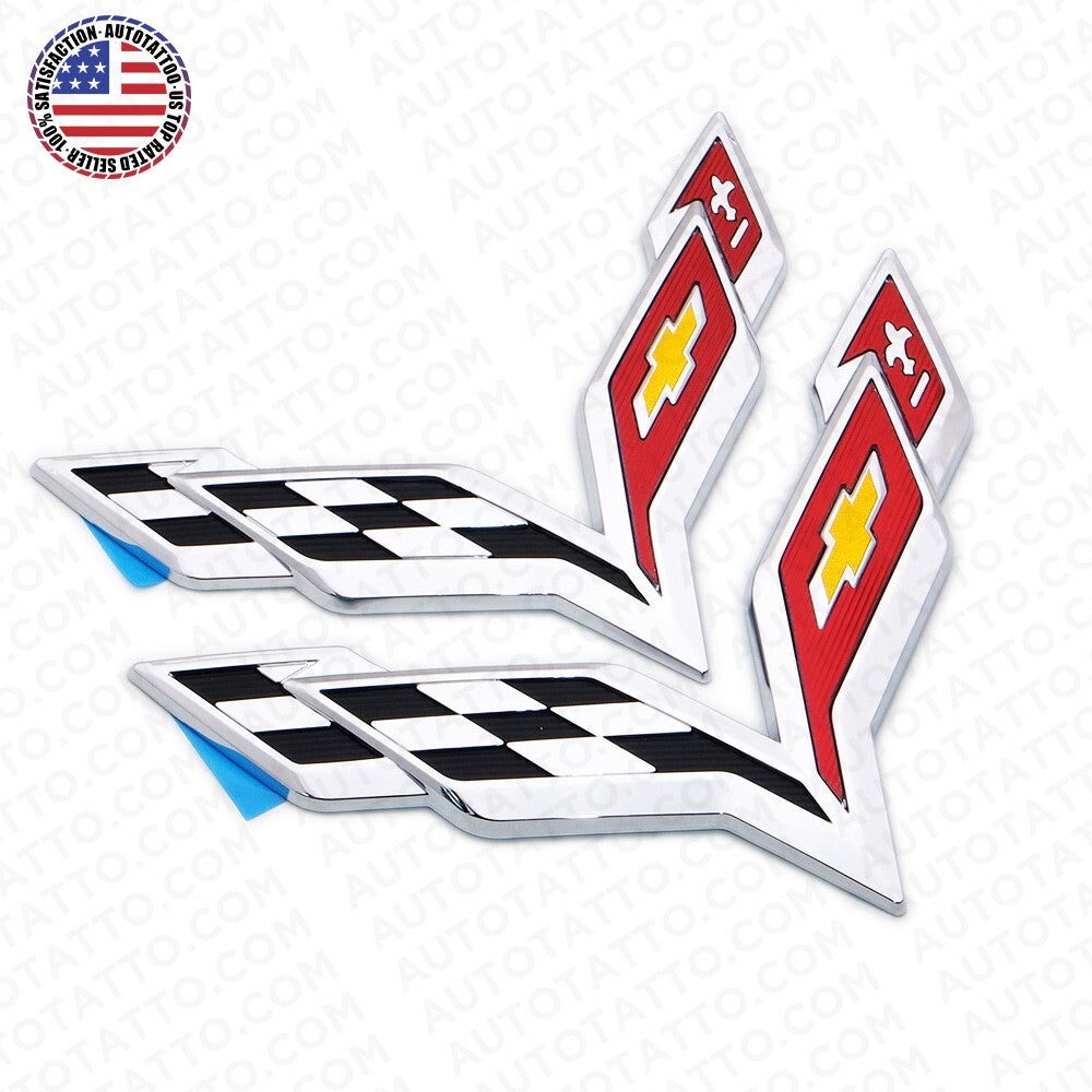 For Corvette C7 2014-2019 OEM Chrome Front & Rear Set Cross Flags Emblem Sport