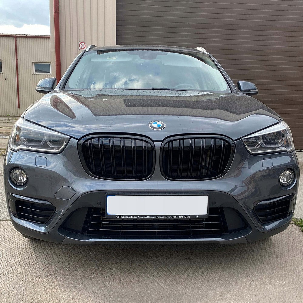For BMW X1 F48 15-19 Front Bumper Gloss Black Racing Kidney Grille Double Slats