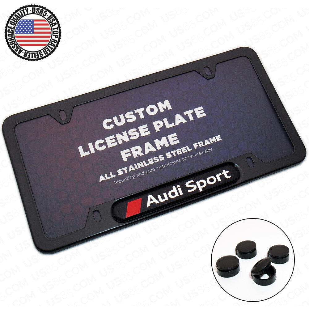 Black Stainless Steel Front Rear Emblem License Plate Frame Cover - Audi Sport
