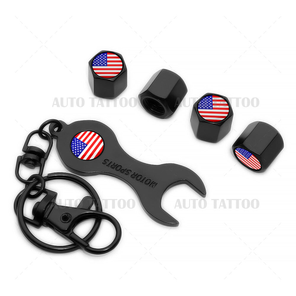 4x Universal USA Flag Car Tire Wheels Air Stem Dust Valve Caps Cover + Keychain
