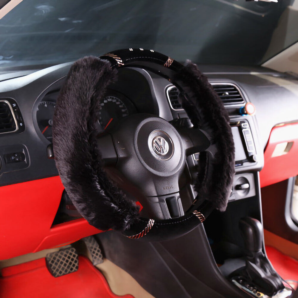 Universal Soft Warm 2 Sides Faux Rabbit Fur w/ Diamond Car Steering Wheel Cover