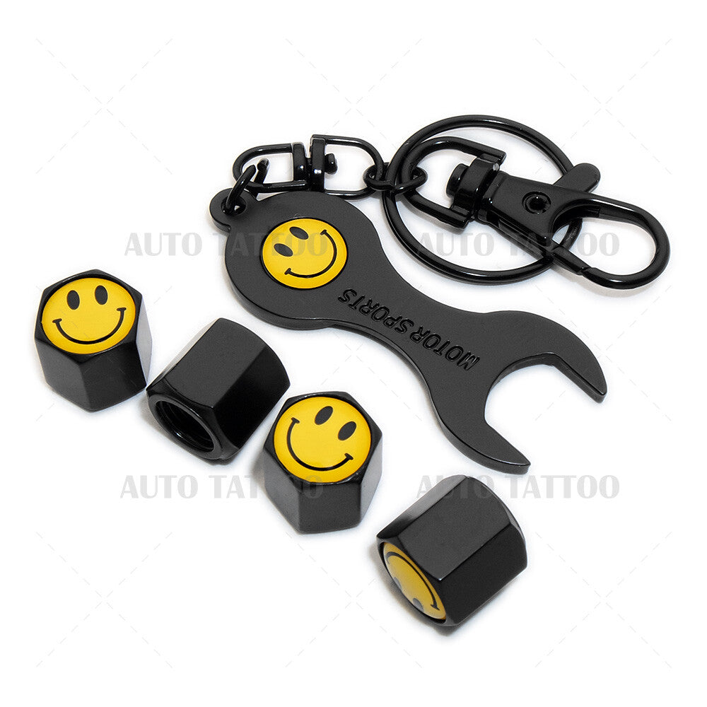 4x Universal Cute Smile Car Tire Wheel Air Stem Dust Valve Caps Cover + Keychain