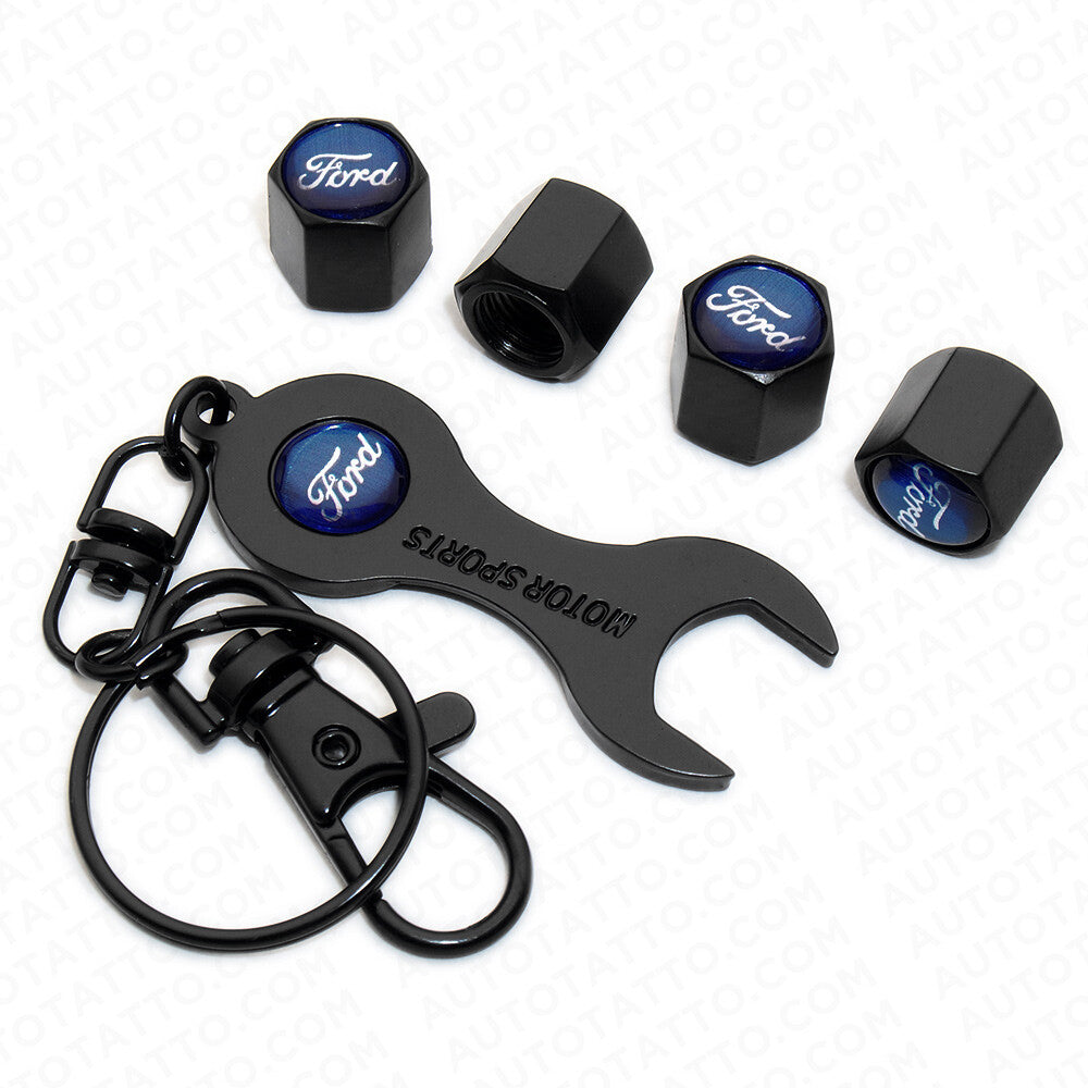 4pcs Hex Ford Car Tire Wheel Air Stem Dust Valve Caps Cover + Wrench Keychain
