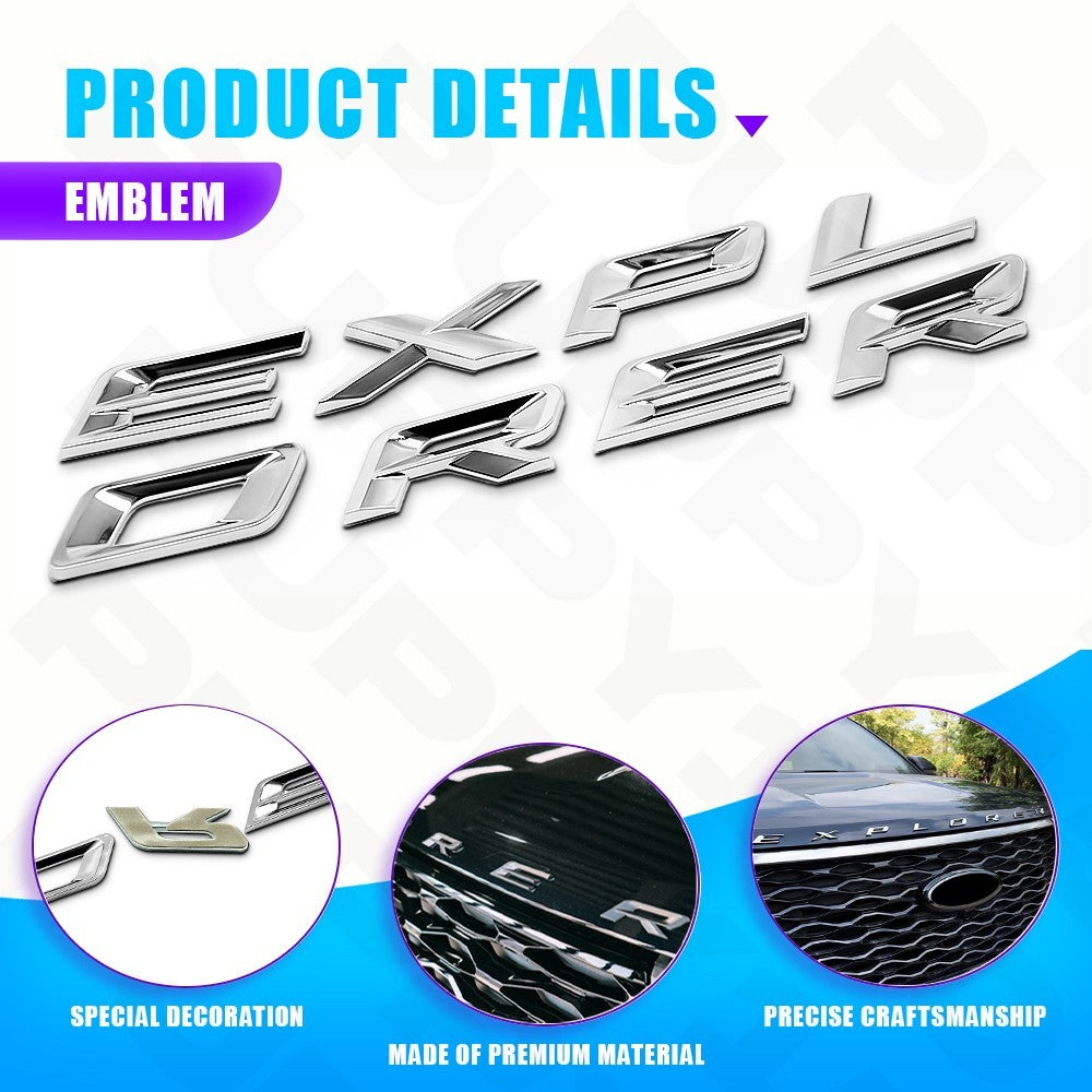 3D Silver Front Hood Emblem For Explorer 2011-2025 Letter Upper Nameplate Badges