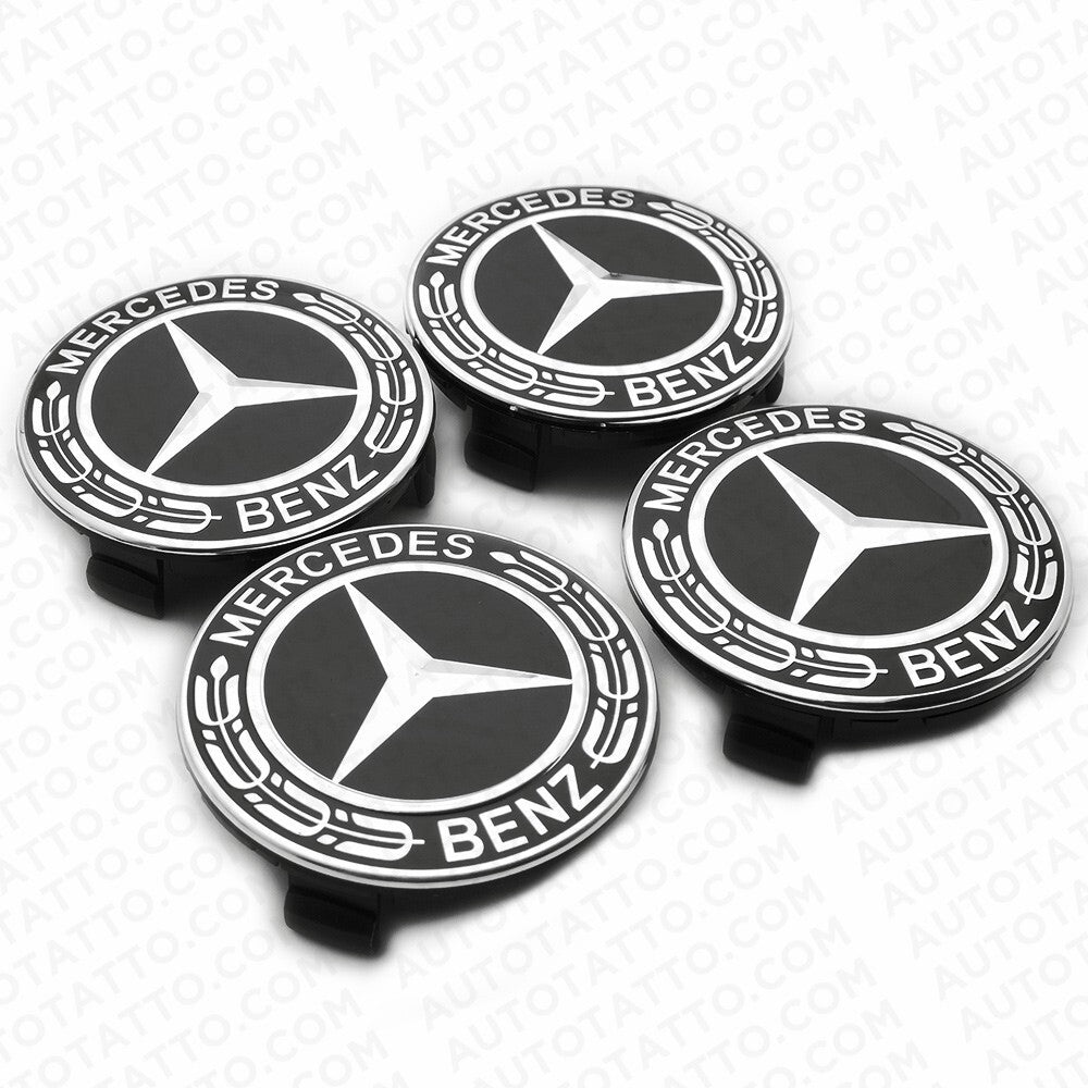 4x Mercedes Wheels Center Cap Hub Star Laurel Black Cover Inserts Sport AMG Set