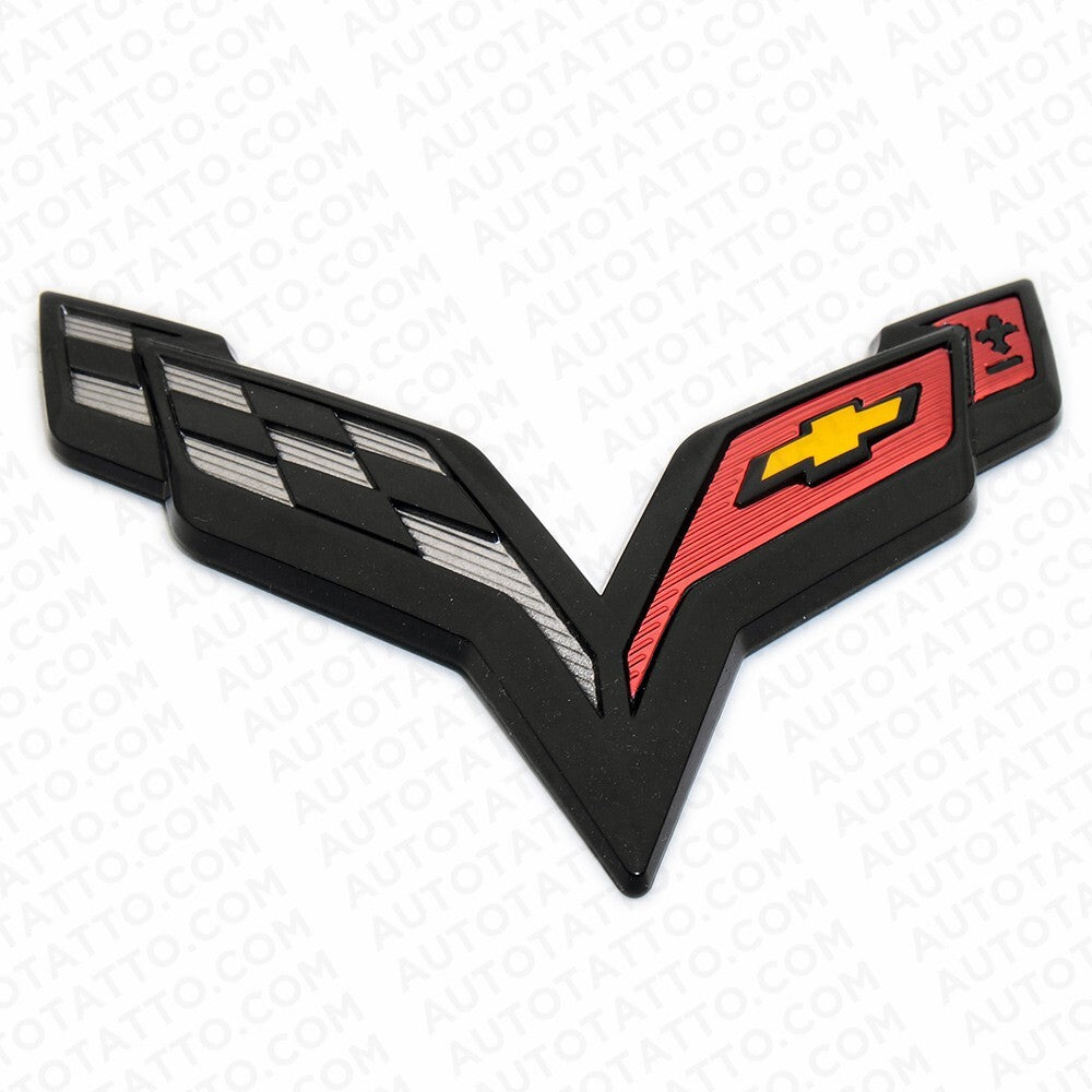 For Corvette C7 2014-2019 Gloss Black Front & Rear Set Cross Flags Emblem Sport