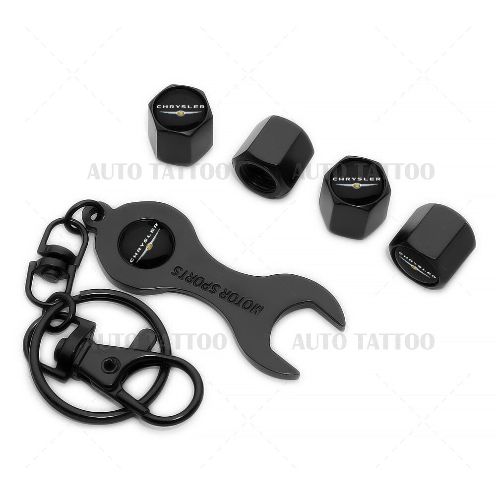4pcs Hex Chrysler Tire Wheels Air Stem Dust Valve Cap Cover Keychain Ring Keychain