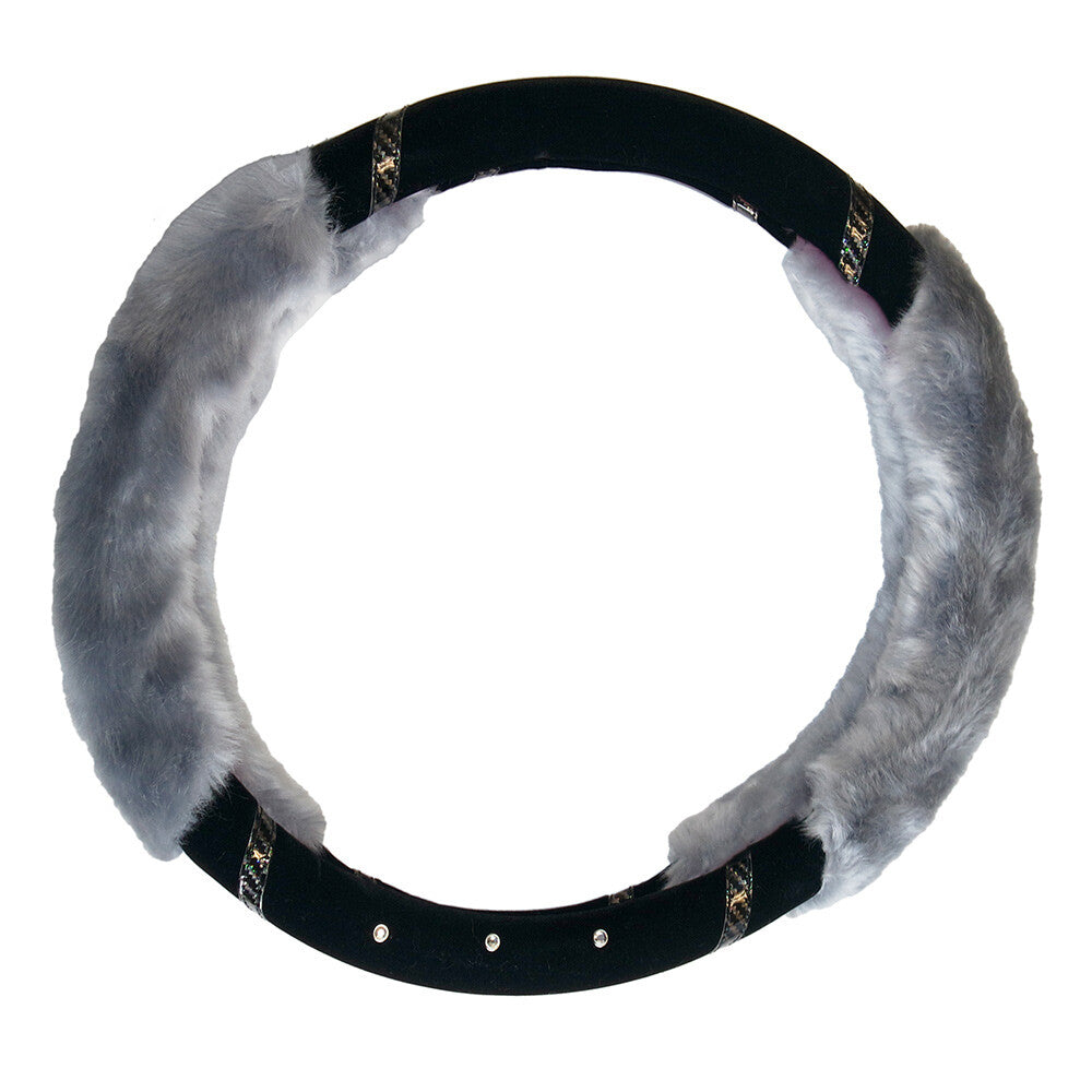 Universal Soft Warm 2 Sides Faux Rabbit Fur w/ Diamond Car Steering Wheel Cover