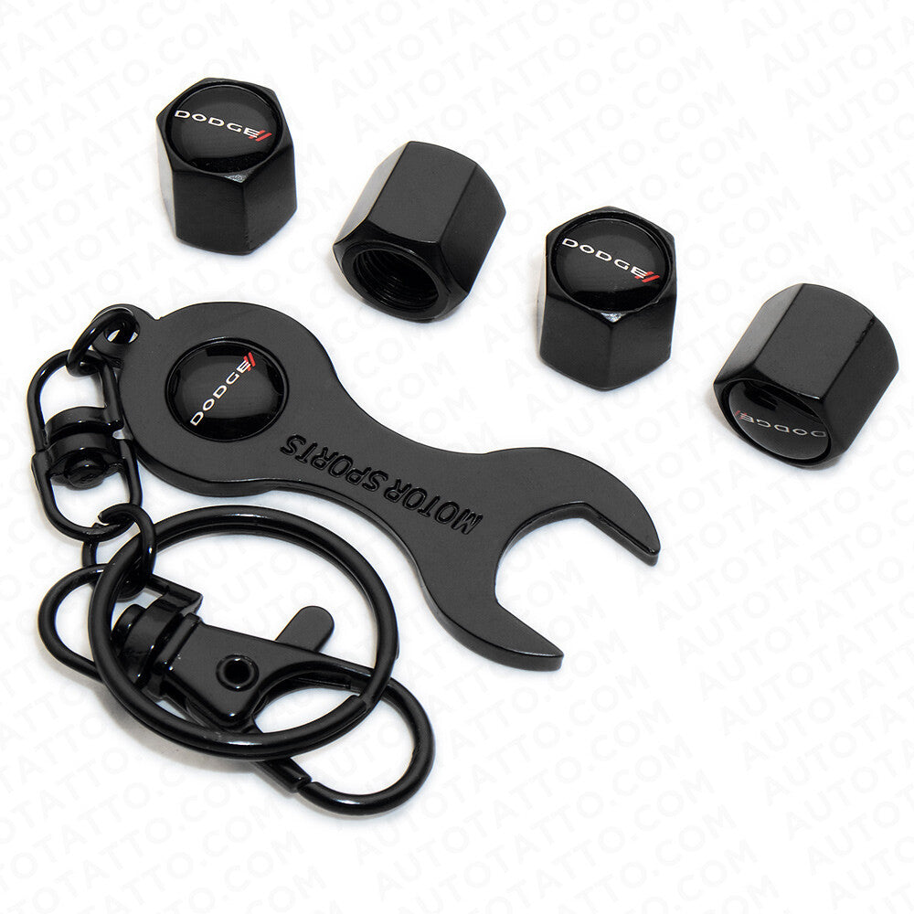 4x Hex Fit Dodge Car Tire Wheel Air Stem Dust Valve Caps Cover + Wrench Keychain