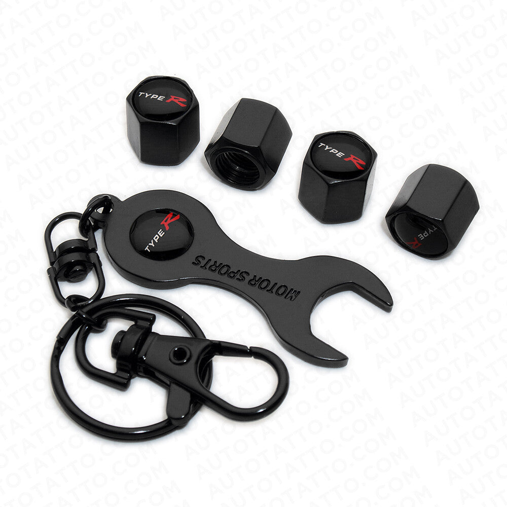 4x Hex Type R Car Tire Wheel Air Stem Dust Valve Caps Cover & Keychain Fit Honda