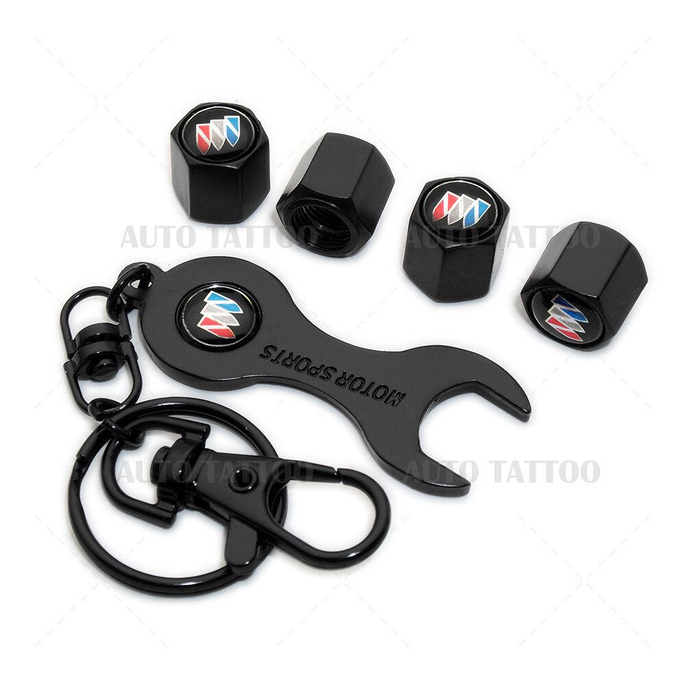 4x Hex Buick Sport Car Tire Wheels Air Stem Dust Valve Cap Cover + Keychain Ring