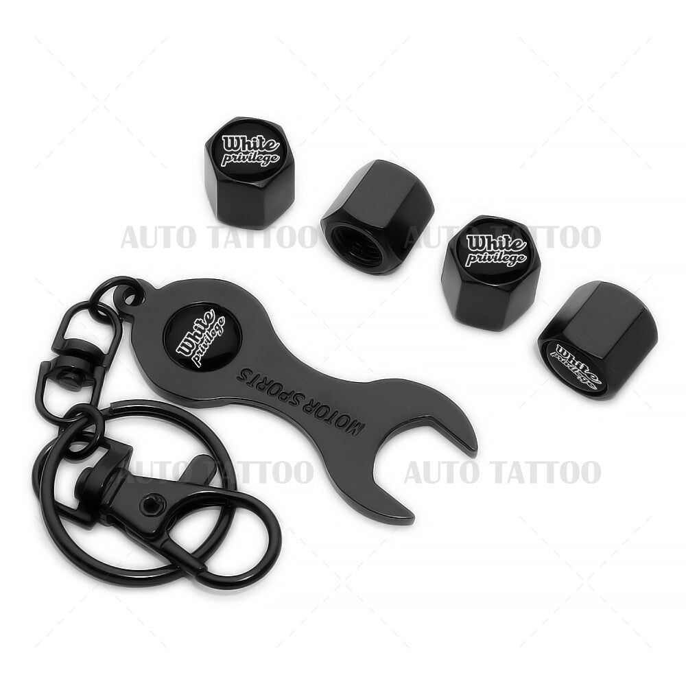 4pcs -Privilege Car Tire Wheels Air Stem Dust Valve Caps Cover + Keychain - White