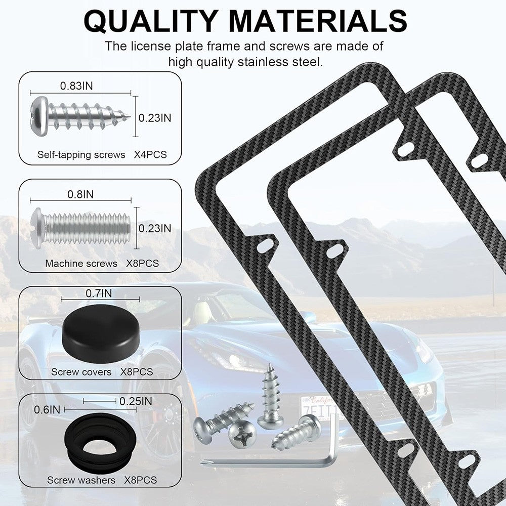 Slim Carbon Fiber Style License Plate Frame 2 PCS Stainless Steel Heavy Duty US