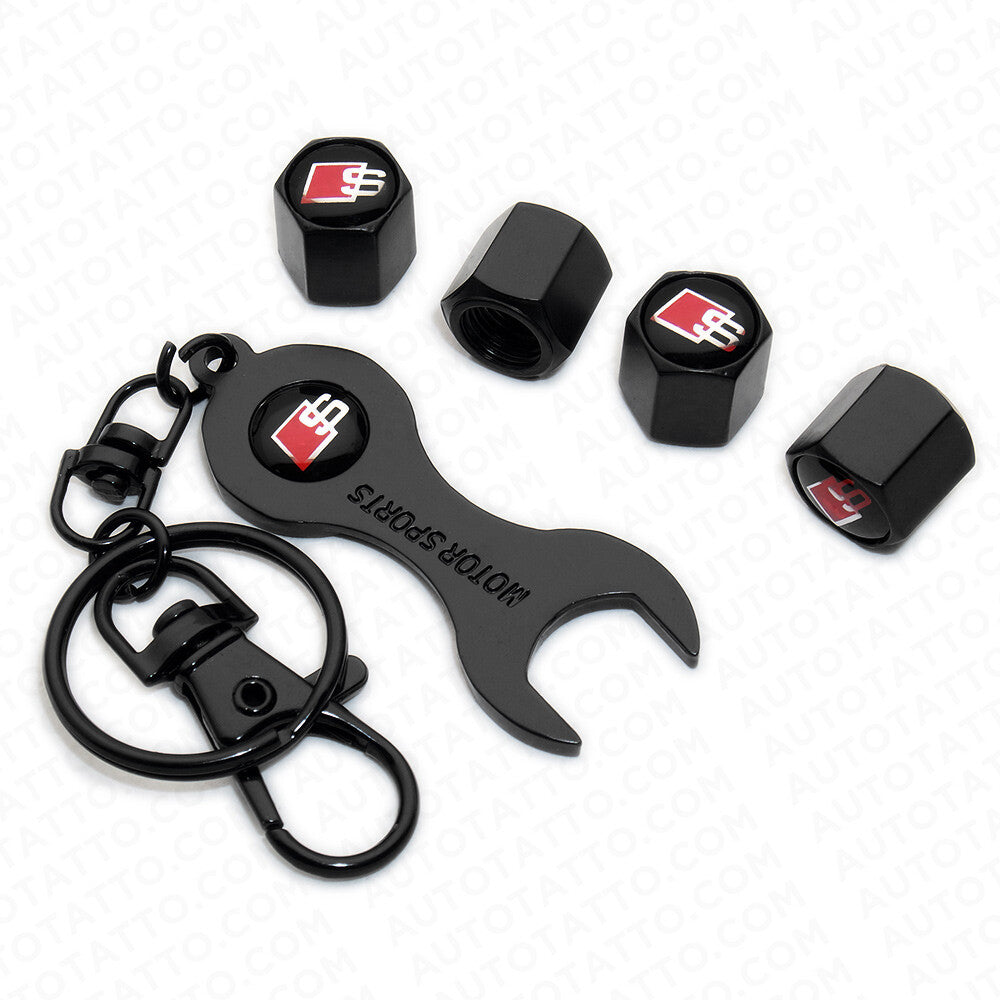 4pcs Hex S Sport Car Tire Wheel Air Stem Dust Valve Caps Cover + Wrench Keychain