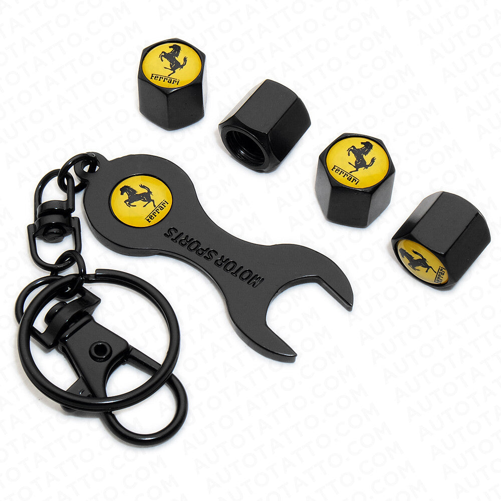 4pcs Hex Ferrari Tire Wheel Air Stem Dust Valve Caps Cover Wrench Keychain Keychain