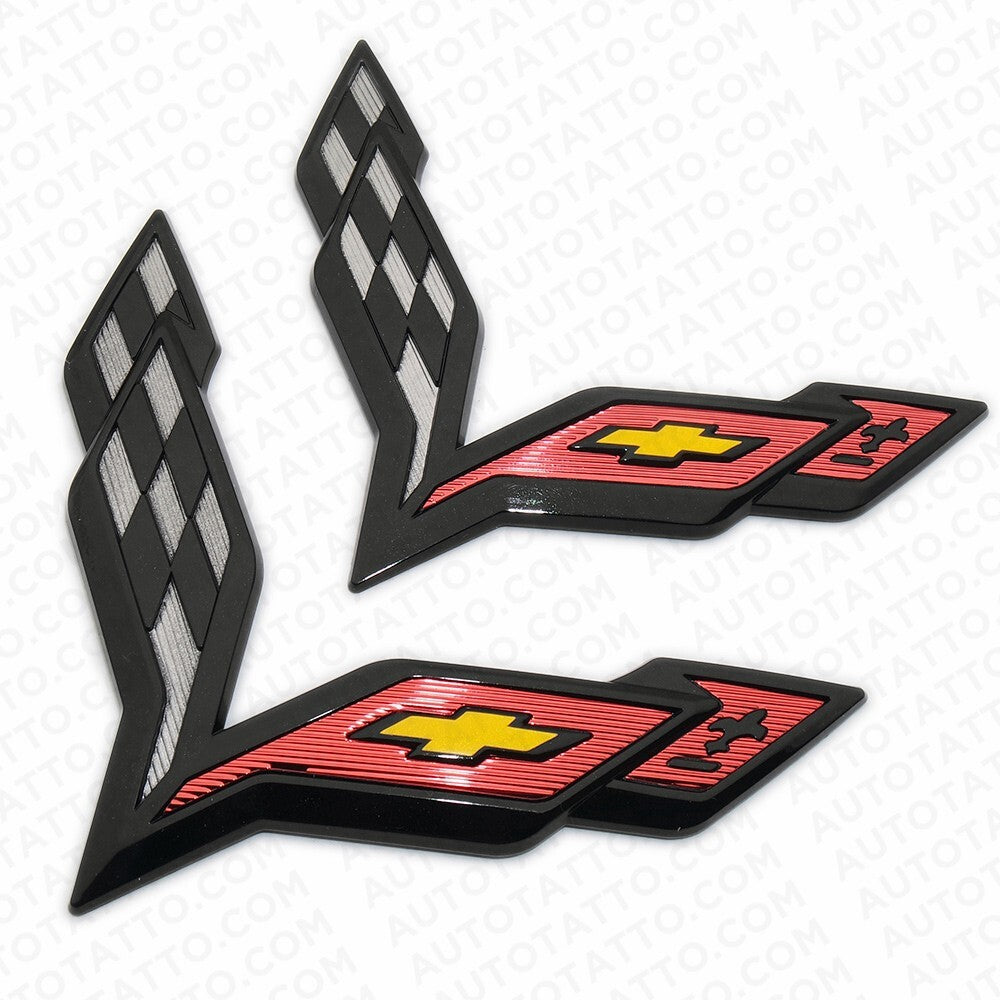 For Corvette C7 2014-2019 Gloss Black Front & Rear Set Cross Flags Emblem Sport
