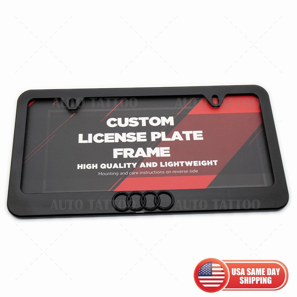 1x 3D Audi Ring Gloss Black License Plate Frame Cover Decorate + Screw Caps